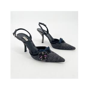 Vintage Prada Gray Tweed Crystal Bow Detail Slingback Pointed Toe Heels IT 38.5